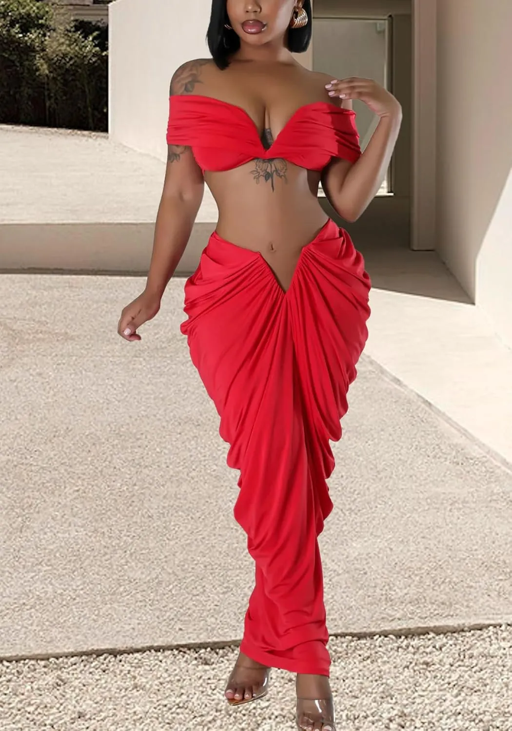 Women's 2 Piece Skirts Sets Strapless Sexy V Neck Tube Tops Ruched Pleated Maxi Skirt Cocktail Outfits Clubwear