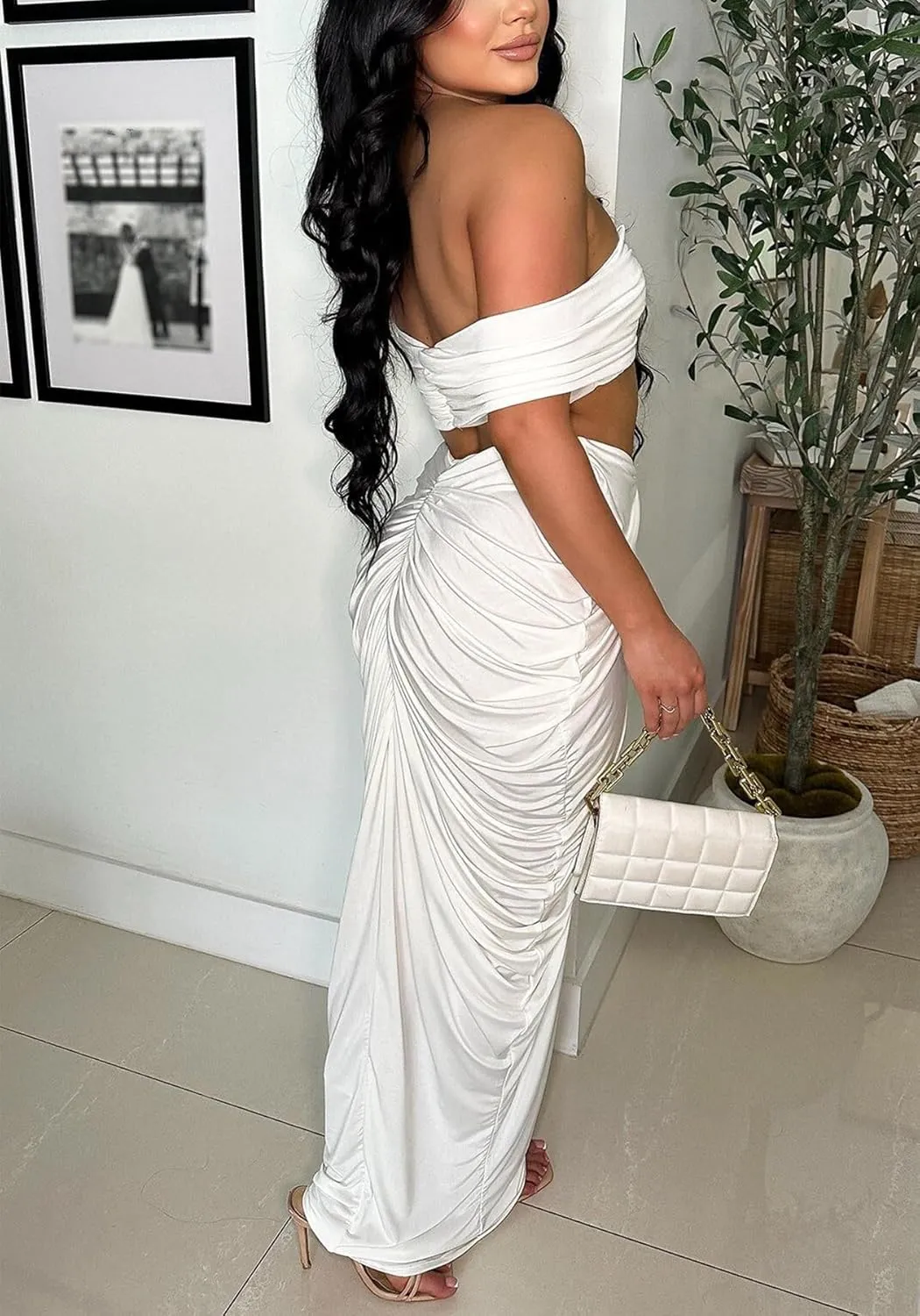 Women's 2 Piece Skirts Sets Strapless Sexy V Neck Tube Tops Ruched Pleated Maxi Skirt Cocktail Outfits Clubwear