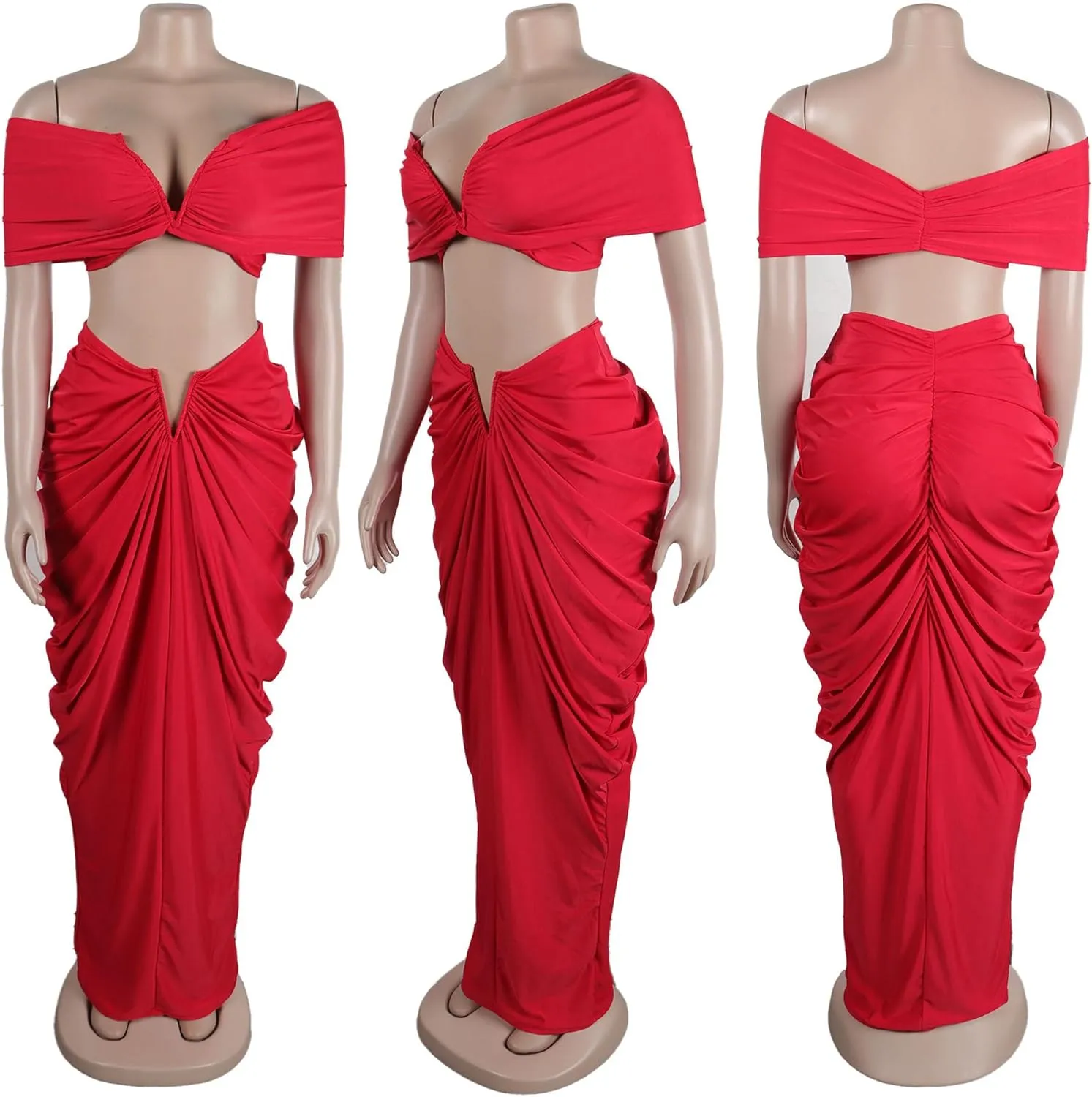 Women's 2 Piece Skirts Sets Strapless Sexy V Neck Tube Tops Ruched Pleated Maxi Skirt Cocktail Outfits Clubwear