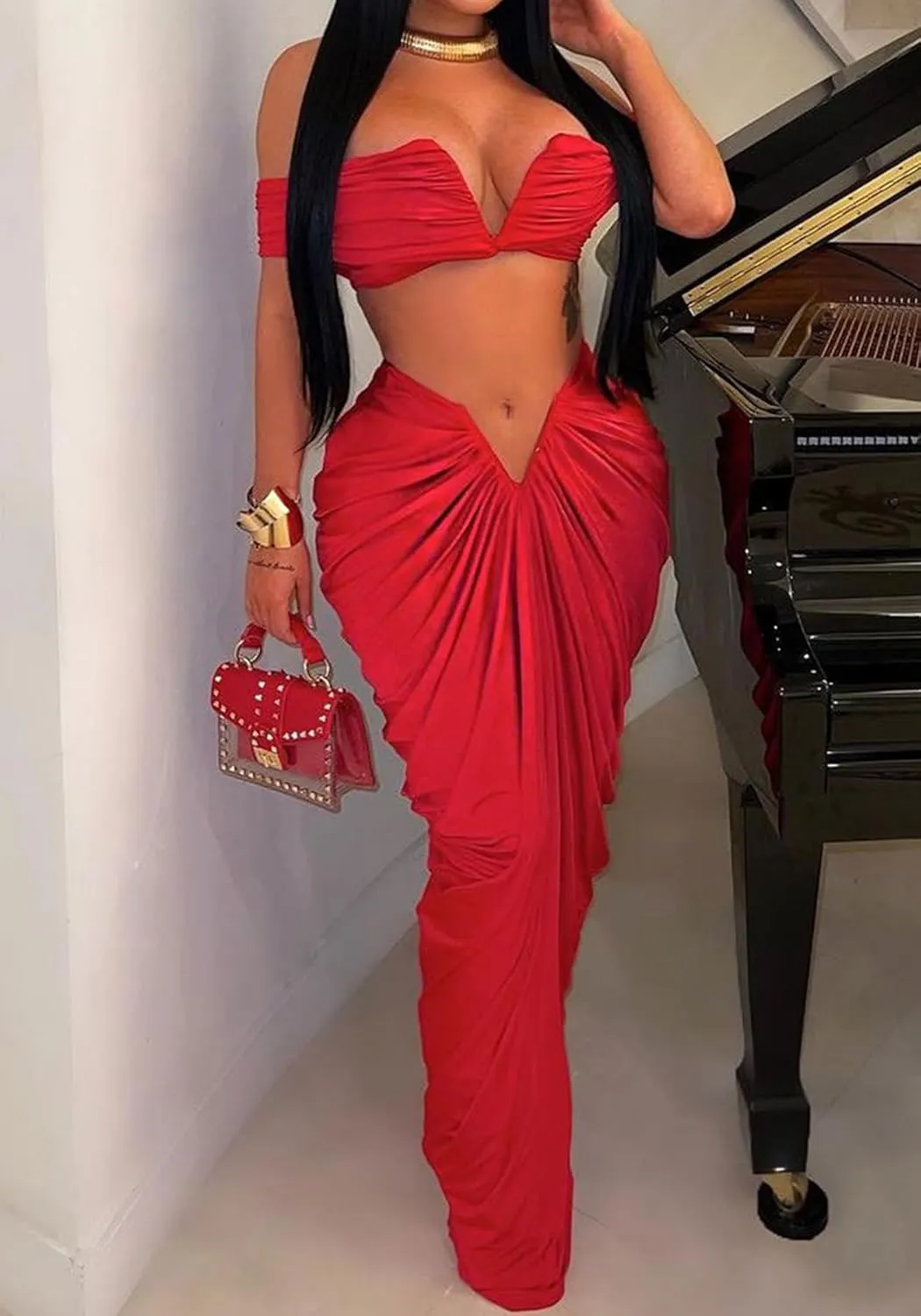 Women's 2 Piece Skirts Sets Strapless Sexy V Neck Tube Tops Ruched Pleated Maxi Skirt Cocktail Outfits Clubwear
