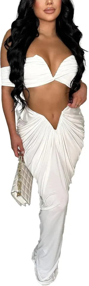 Women's 2 Piece Skirts Sets Strapless Sexy V Neck Tube Tops Ruched Pleated Maxi Skirt Cocktail Outfits Clubwear