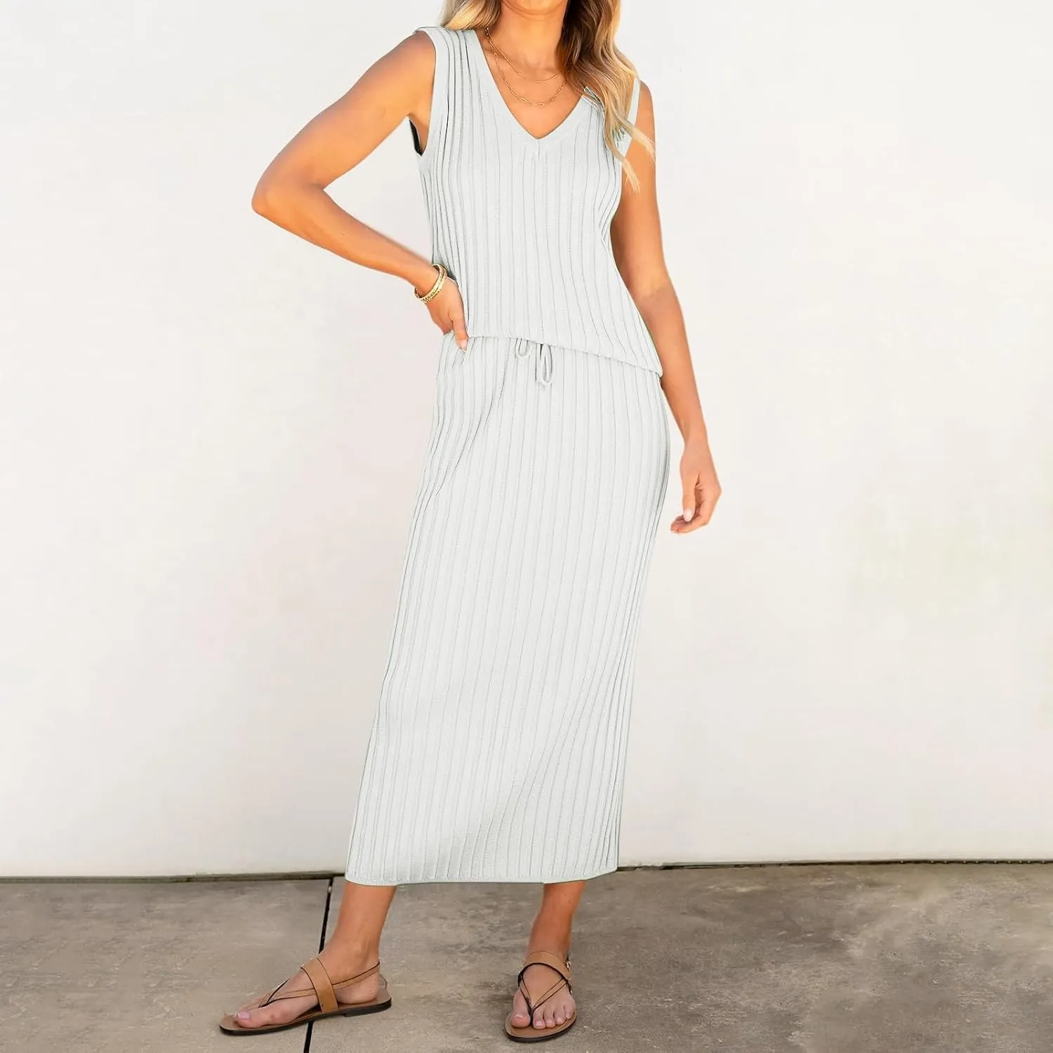 Women's 2 Piece Sweater Skirt Sets Sleeveless V Neck Knit Ribbed Vest Tops Midi Skirt Plus Size Skirt