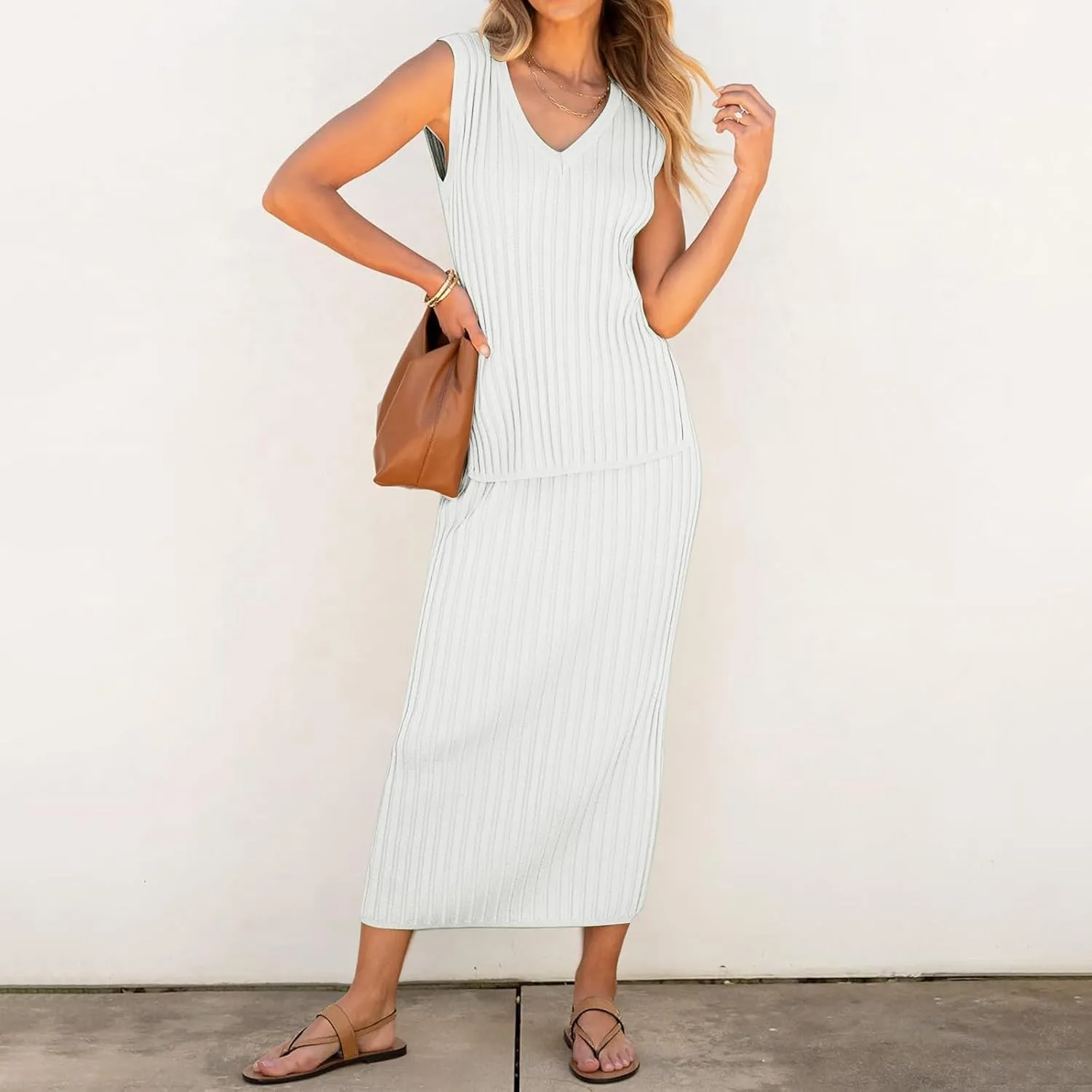 Women's 2 Piece Sweater Skirt Sets Sleeveless V Neck Knit Ribbed Vest Tops Midi Skirt Plus Size Skirt