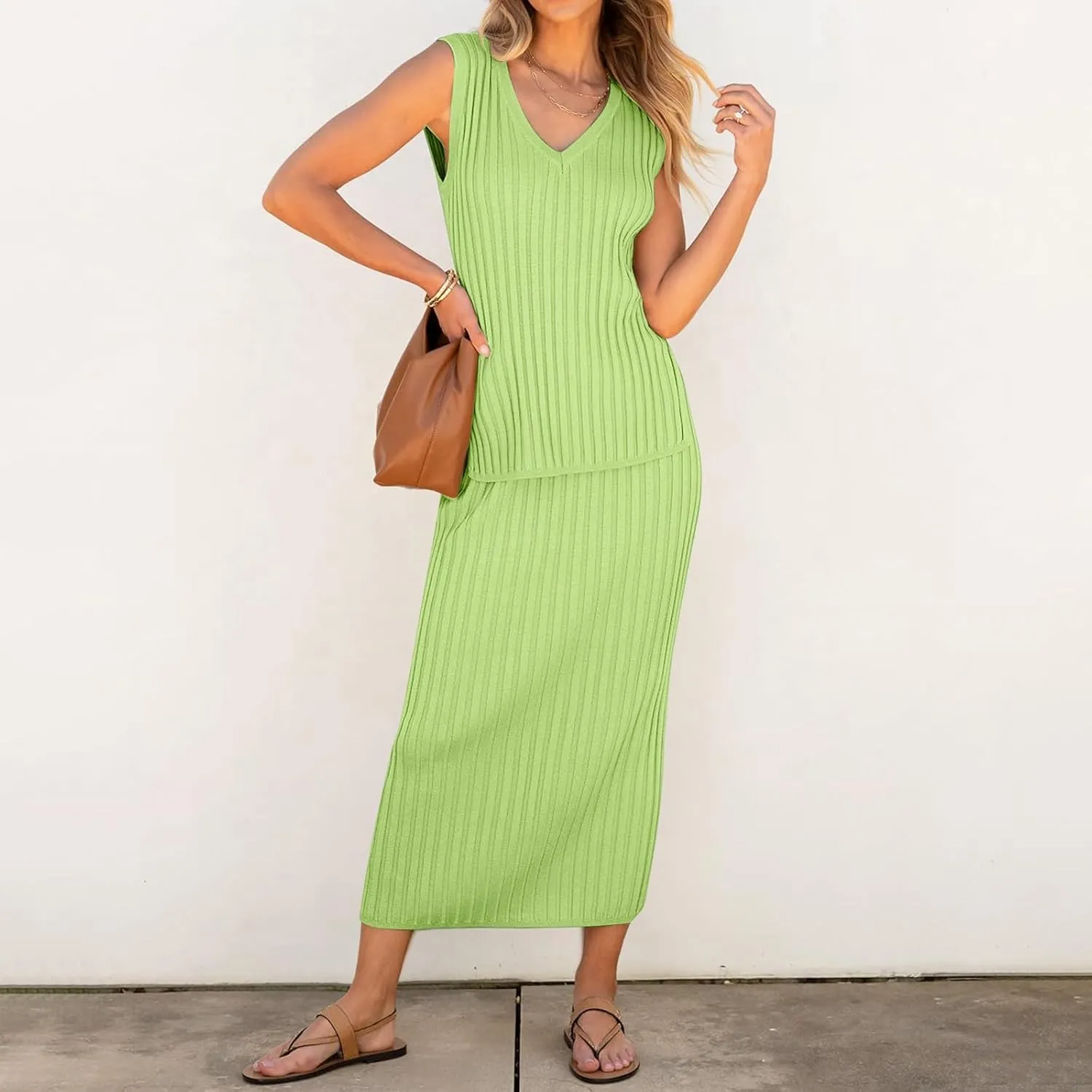 Women's 2 Piece Sweater Skirt Sets Sleeveless V Neck Knit Ribbed Vest Tops Midi Skirt Plus Size Skirt