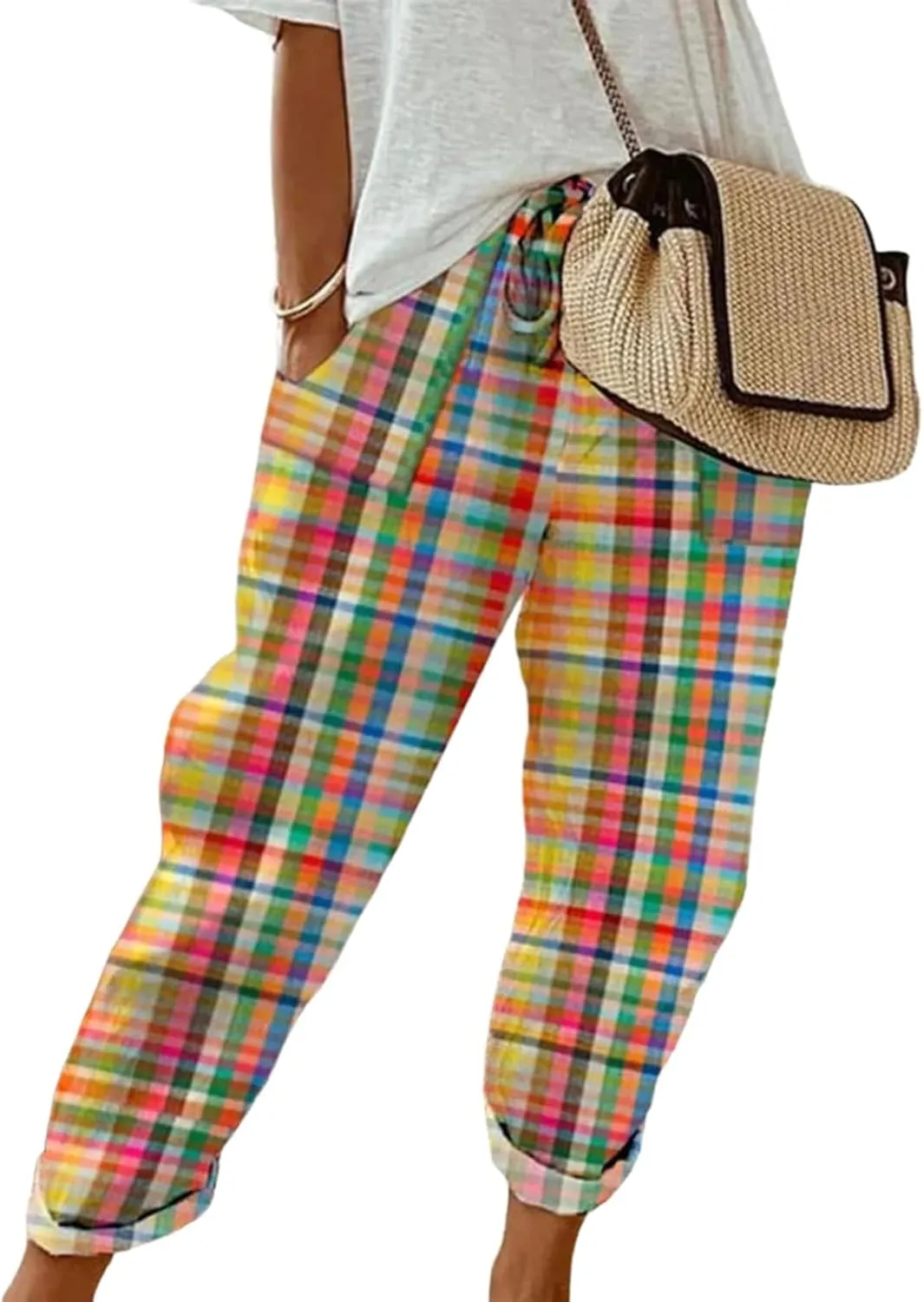 Women's 2025 Spring Casual Harem Pants Lightweight Drawstring Elastic Waist Colorful Plaid Print Pants with Pockets
