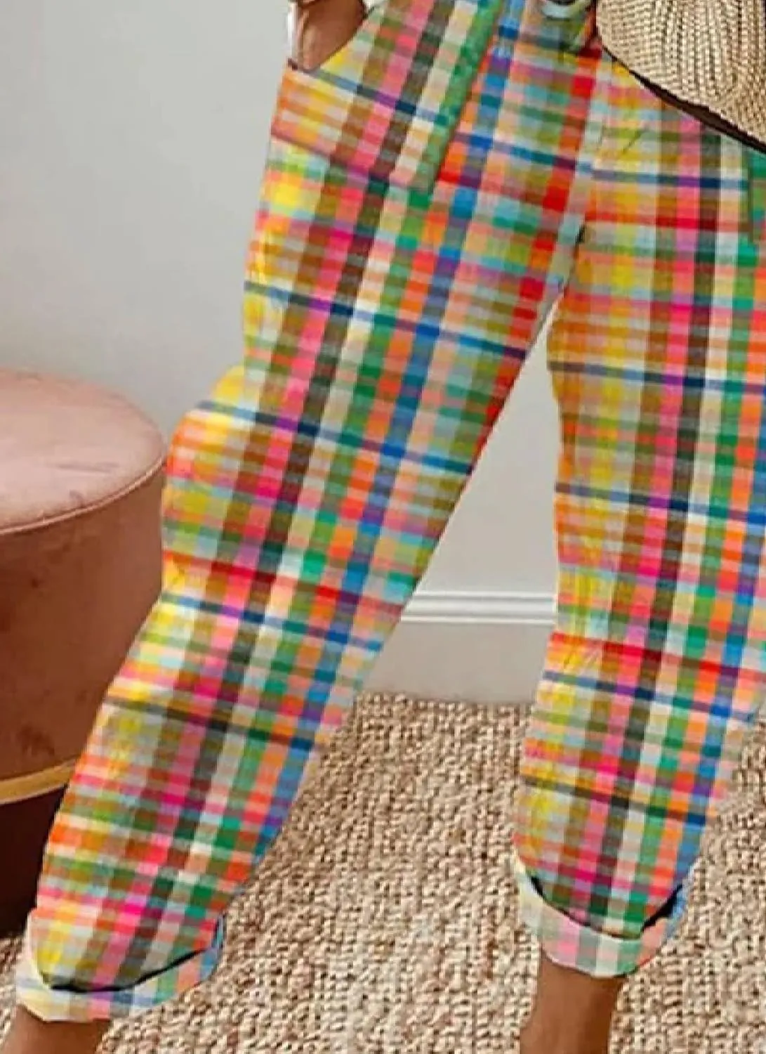 Women's 2025 Spring Casual Harem Pants Lightweight Drawstring Elastic Waist Colorful Plaid Print Pants with Pockets
