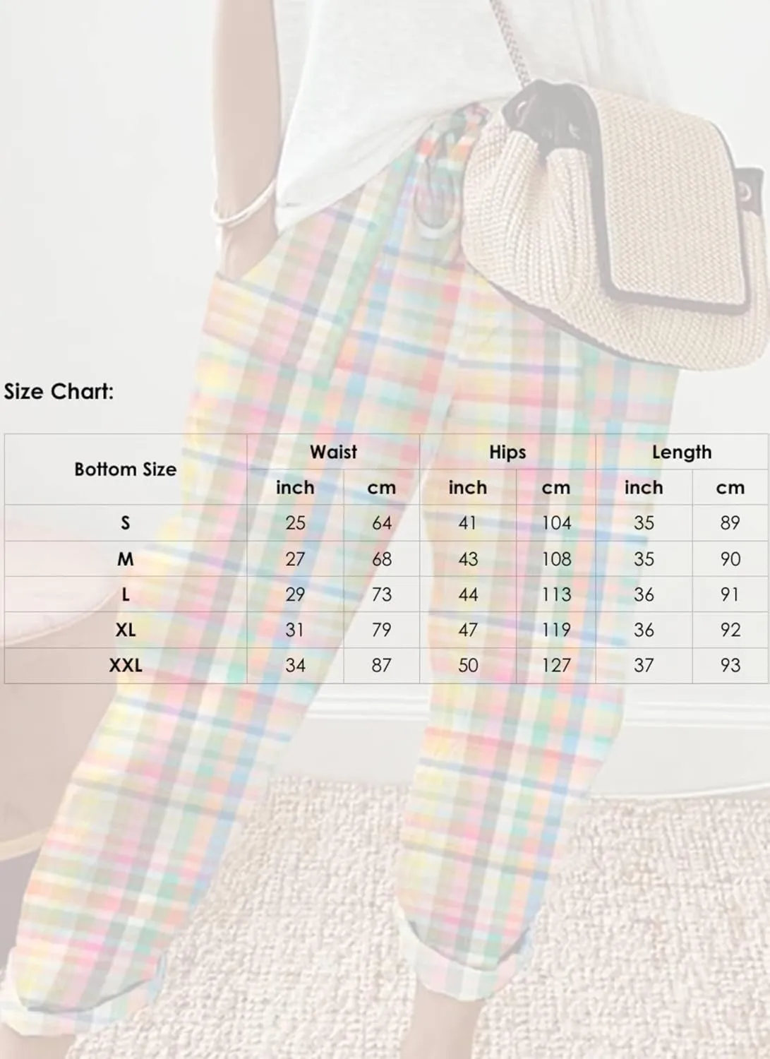 Women's 2025 Spring Casual Harem Pants Lightweight Drawstring Elastic Waist Colorful Plaid Print Pants with Pockets