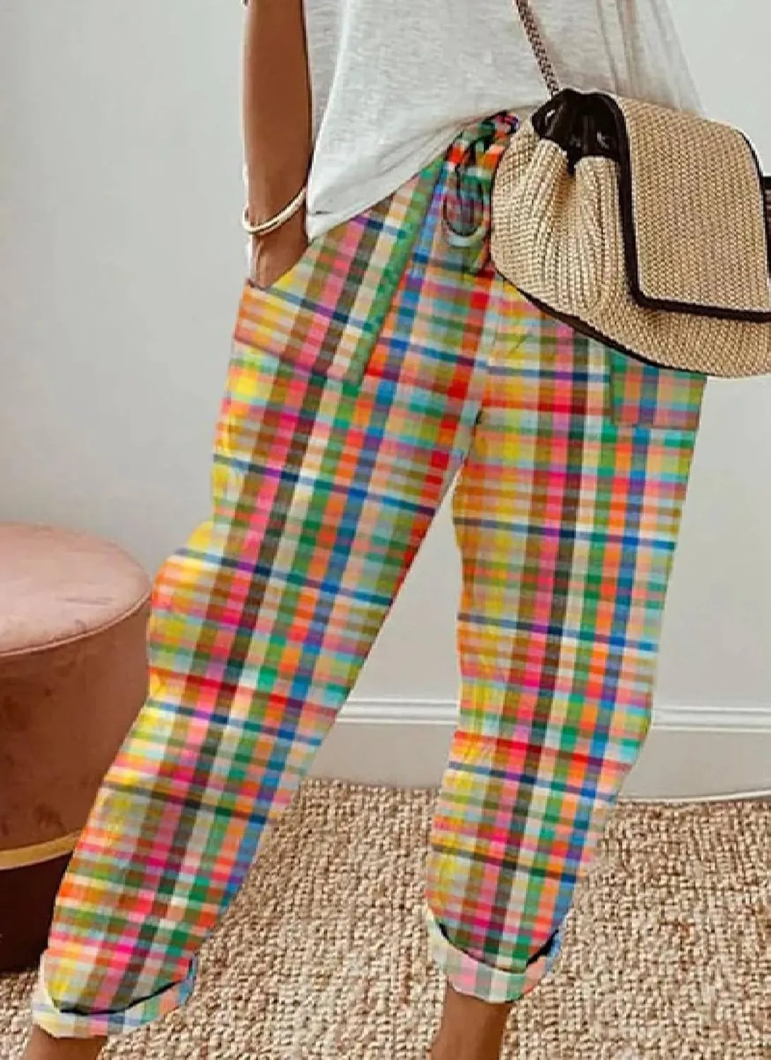 Women's 2025 Spring Casual Harem Pants Lightweight Drawstring Elastic Waist Colorful Plaid Print Pants with Pockets