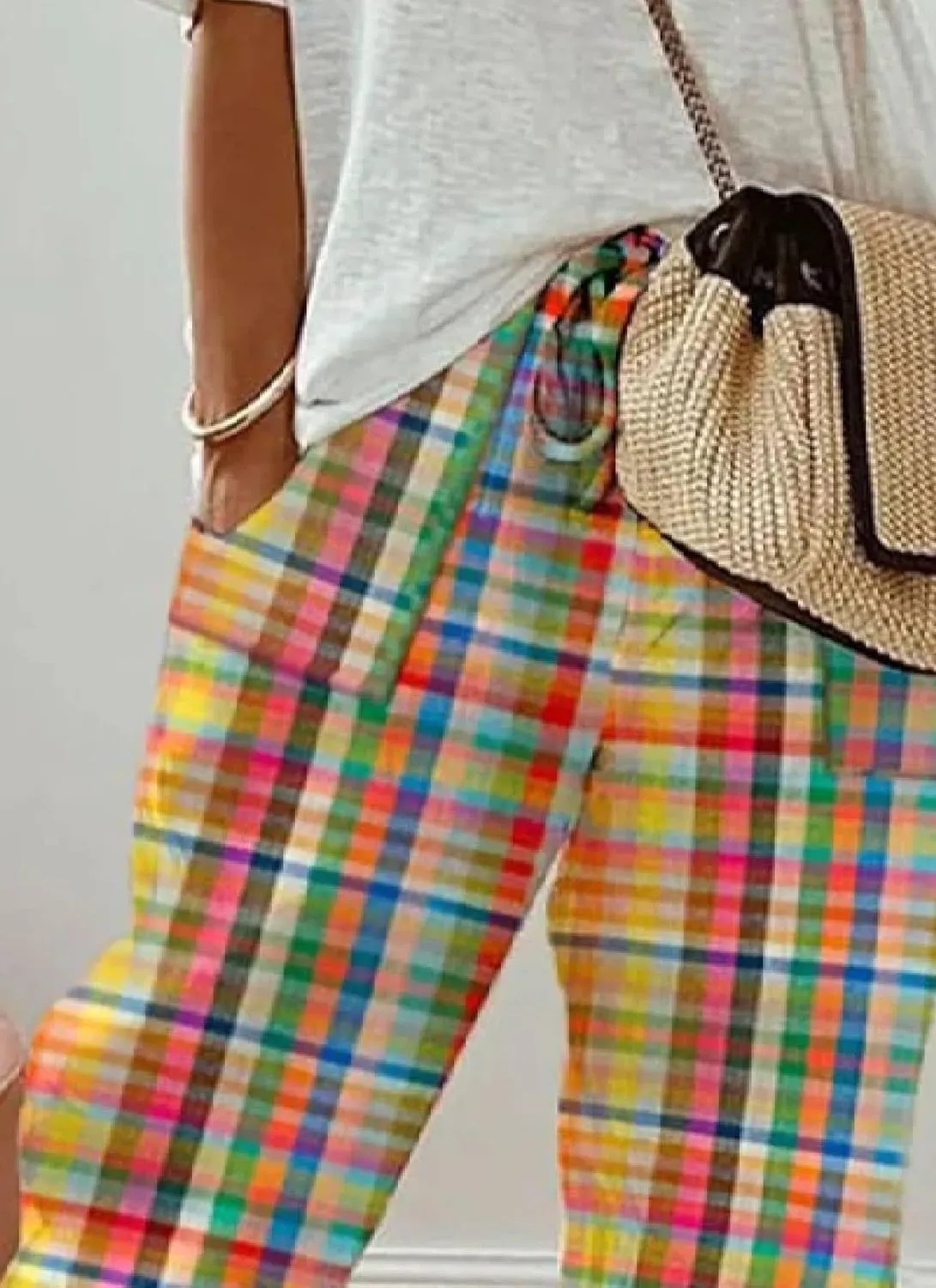Women's 2025 Spring Casual Harem Pants Lightweight Drawstring Elastic Waist Colorful Plaid Print Pants with Pockets