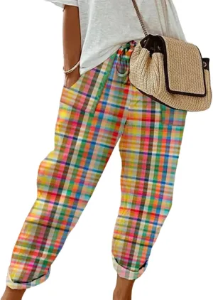 Women's 2025 Spring Casual Harem Pants Lightweight Drawstring Elastic Waist Colorful Plaid Print Pants with Pockets