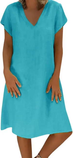 Women's 2025 Summer Short Sleeve Mini Dress Cotton Linen V Neck T-Shirt Dresses Casual A Line Slim Tank Sundresses