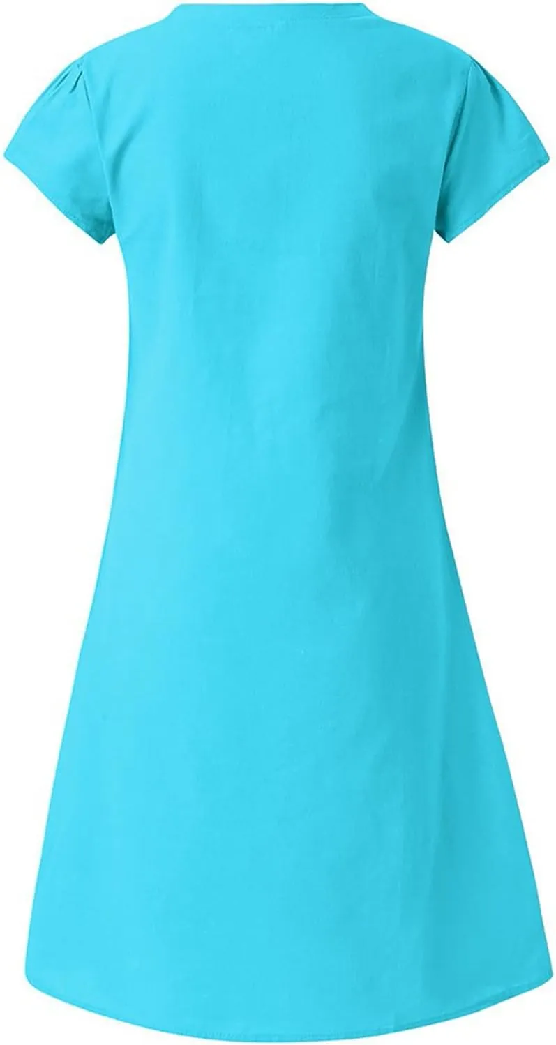 Women's 2025 Summer Short Sleeve Mini Dress Cotton Linen V Neck T-Shirt Dresses Casual A Line Slim Tank Sundresses