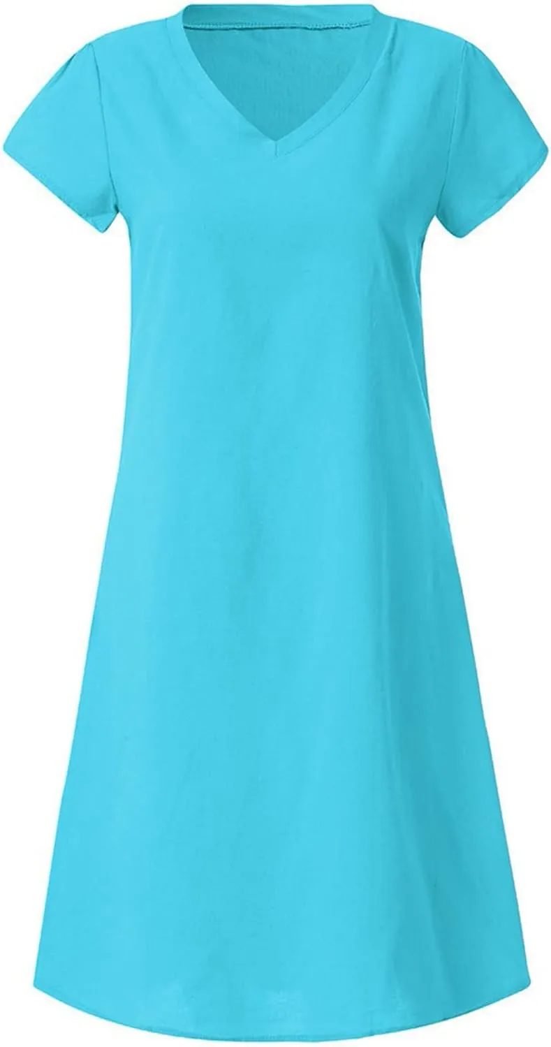 Women's 2025 Summer Short Sleeve Mini Dress Cotton Linen V Neck T-Shirt Dresses Casual A Line Slim Tank Sundresses