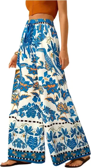 Women's Boho Palazzo Pants Floral Baggy Pants Flowy Vacation Wide Leg Pants Drawstring Beach High Waist Loose Trouser