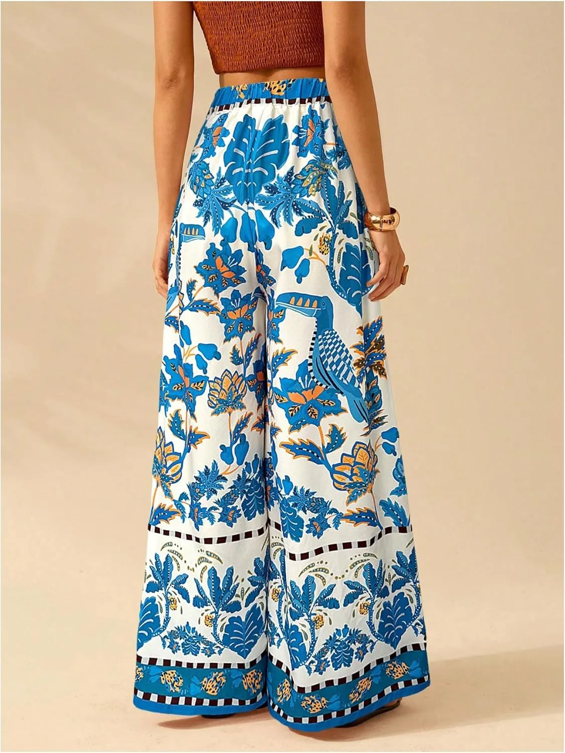 Women's Boho Palazzo Pants Floral Baggy Pants Flowy Vacation Wide Leg Pants Drawstring Beach High Waist Loose Trouser
