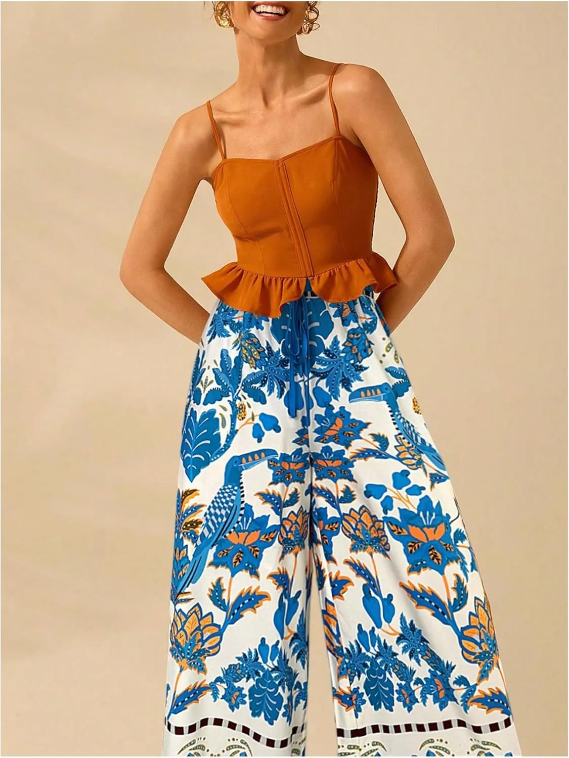 Women's Boho Palazzo Pants Floral Baggy Pants Flowy Vacation Wide Leg Pants Drawstring Beach High Waist Loose Trouser