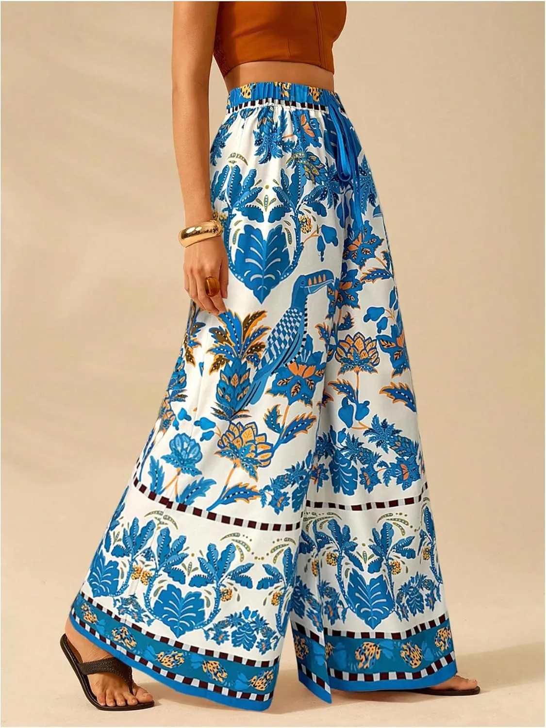 Women's Boho Palazzo Pants Floral Baggy Pants Flowy Vacation Wide Leg Pants Drawstring Beach High Waist Loose Trouser