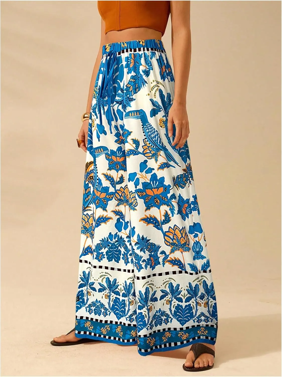 Women's Boho Palazzo Pants Floral Baggy Pants Flowy Vacation Wide Leg Pants Drawstring Beach High Waist Loose Trouser