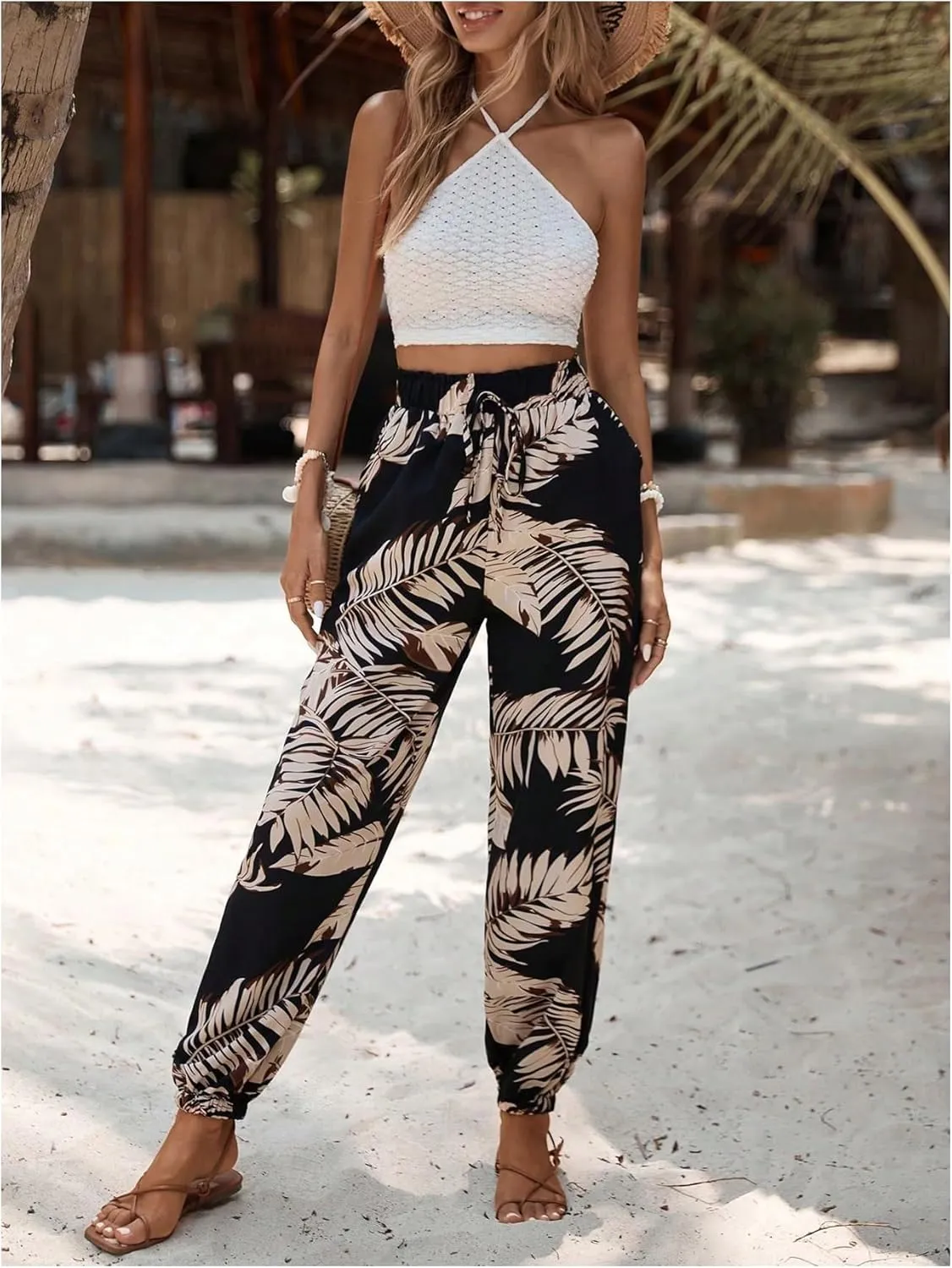 Women's Boho Tropical Pants Drawstring Waist Harem Pants Summer Vacation Trousers