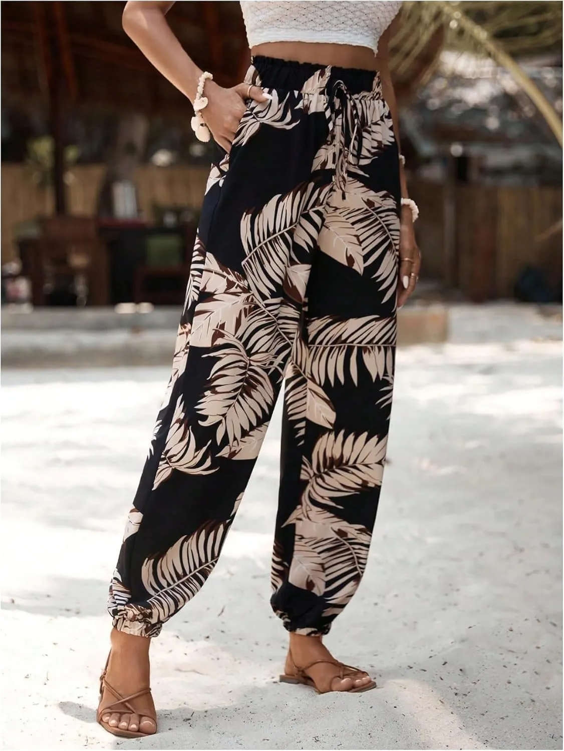 Women's Boho Tropical Pants Drawstring Waist Harem Pants Summer Vacation Trousers