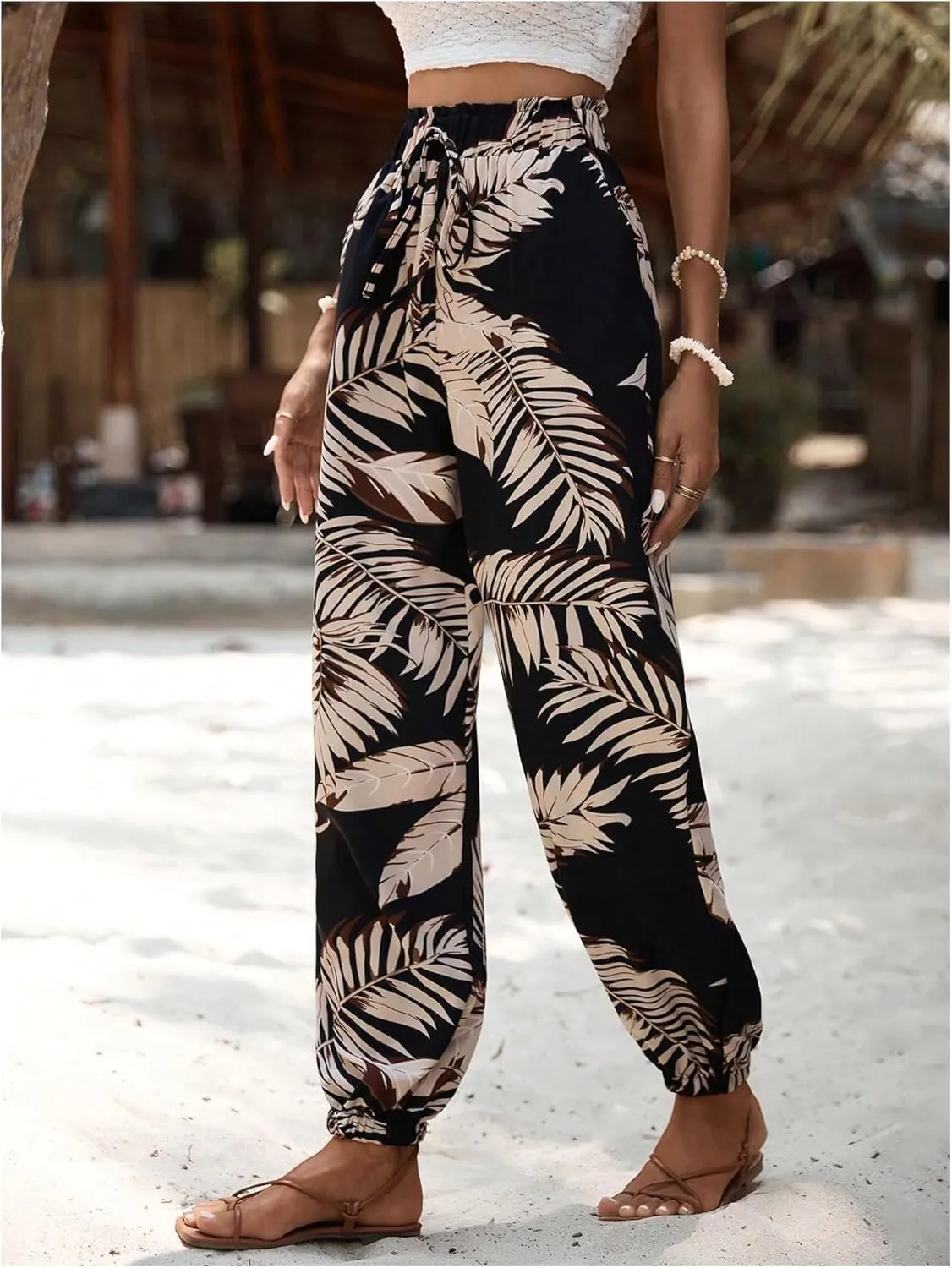 Women's Boho Tropical Pants Drawstring Waist Harem Pants Summer Vacation Trousers
