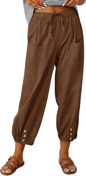 Women's Capri Pants High Waist Drawstring Cinch Bottom with Button Cotton Loose Casual Trouser with Pockets Brown