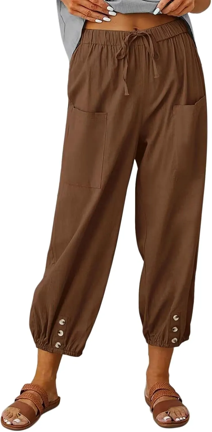 Women's Capri Pants High Waist Drawstring Cinch Bottom with Button Cotton Loose Casual Trouser with Pockets Brown