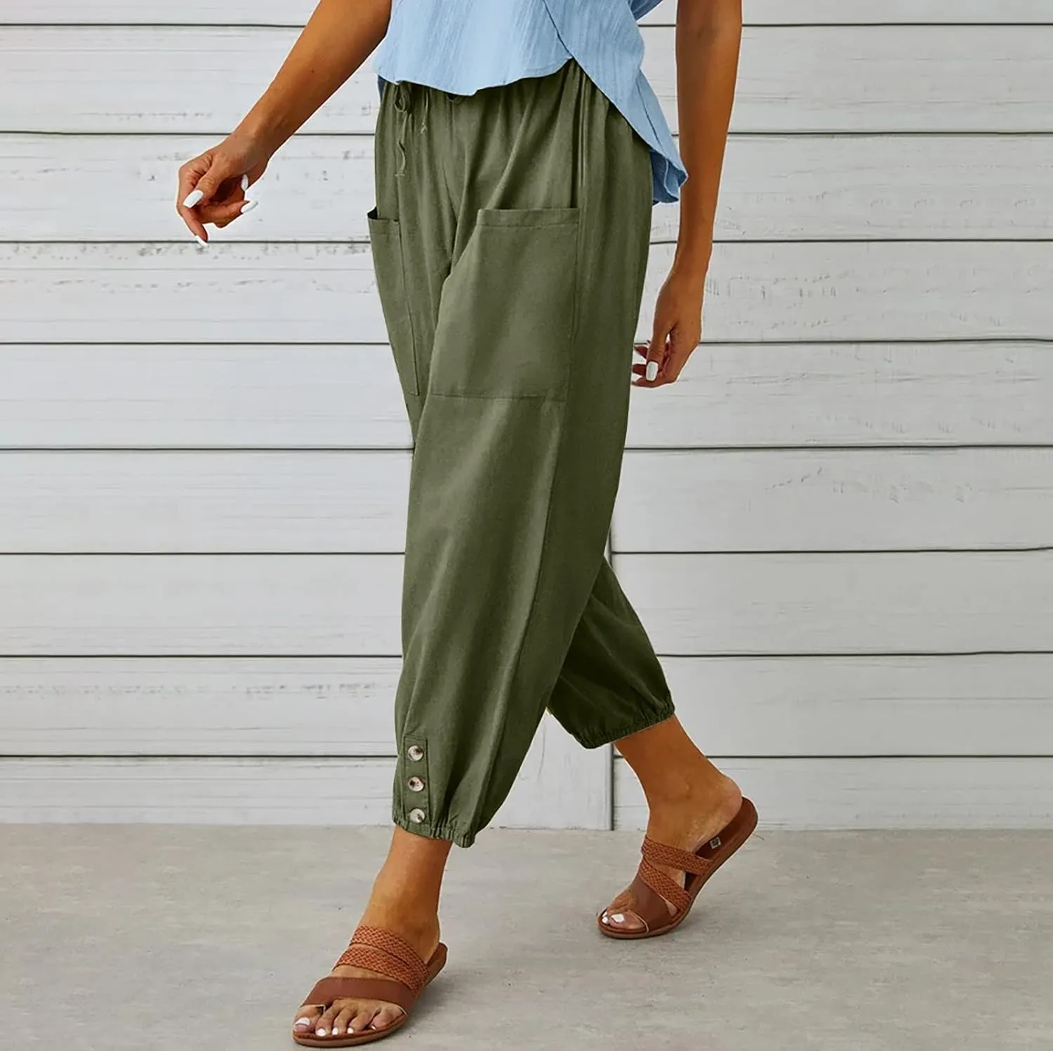 Women's Capri Pants High Waist Drawstring Cinch Bottom with Button Cotton Loose Casual Trouser with Pockets