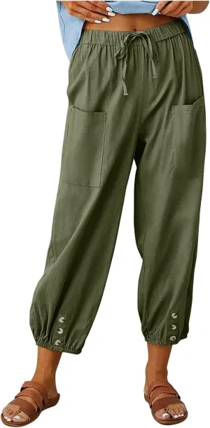 Women's Capri Pants High Waist Drawstring Cinch Bottom with Button Cotton Loose Casual Trouser with Pockets
