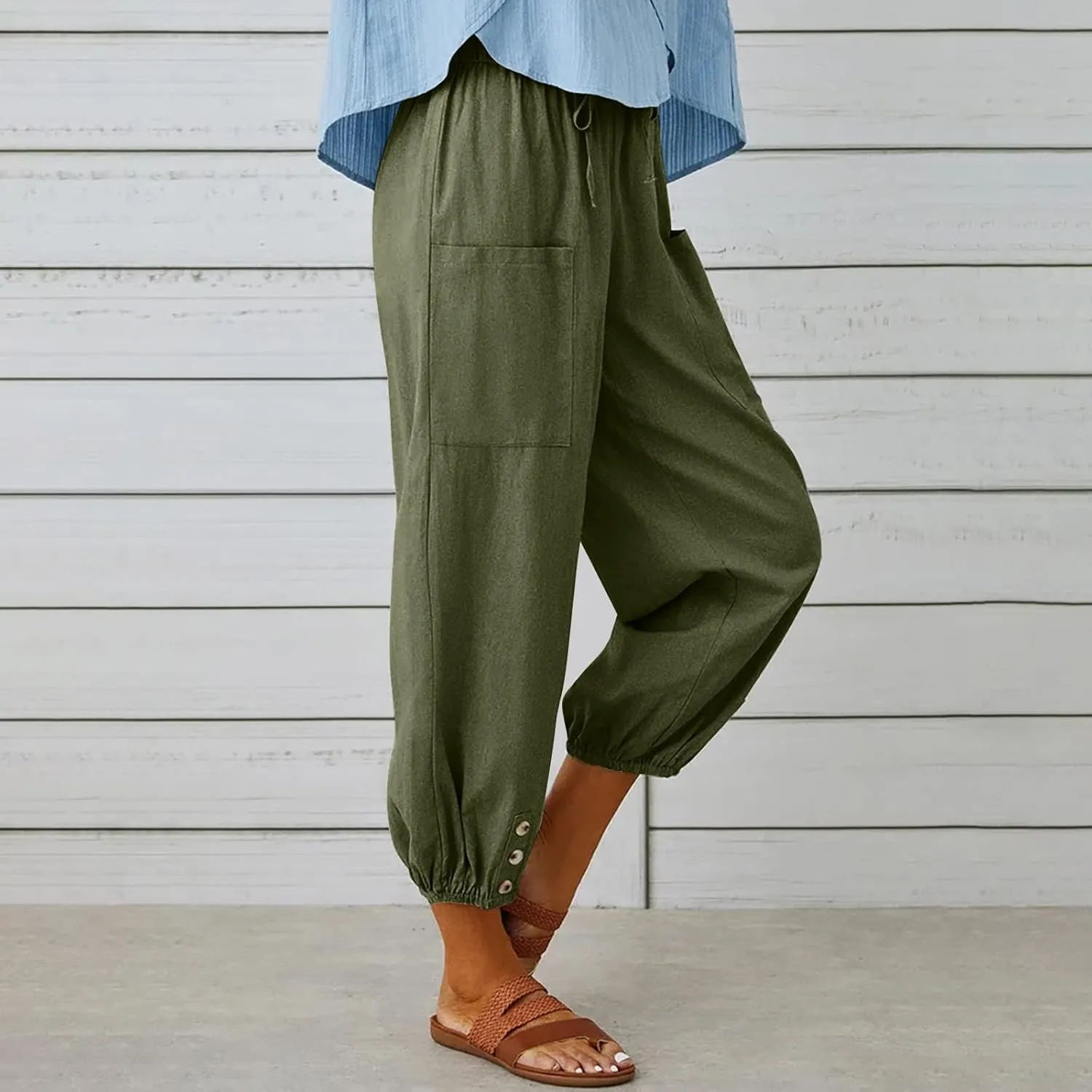 Women's Capri Pants High Waist Drawstring Cinch Bottom with Button Cotton Loose Casual Trouser with Pockets