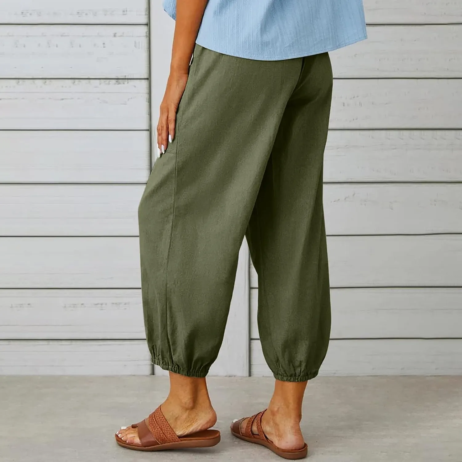 Women's Capri Pants High Waist Drawstring Cinch Bottom with Button Cotton Loose Casual Trouser with Pockets