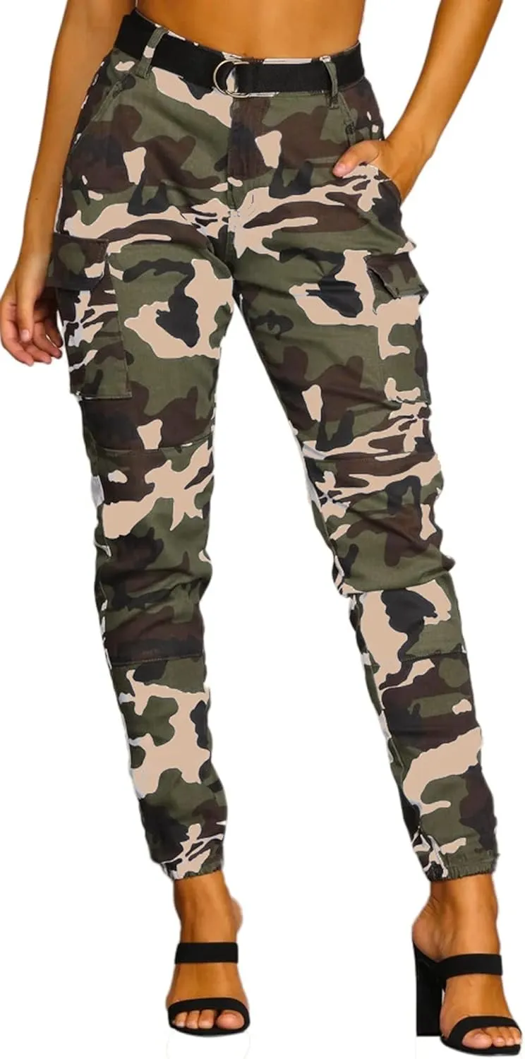 Women's Cargo Jogger Camo Pants with Pockets High Waist Slim Casual Tapered Camouflage Combat Hiking Pants