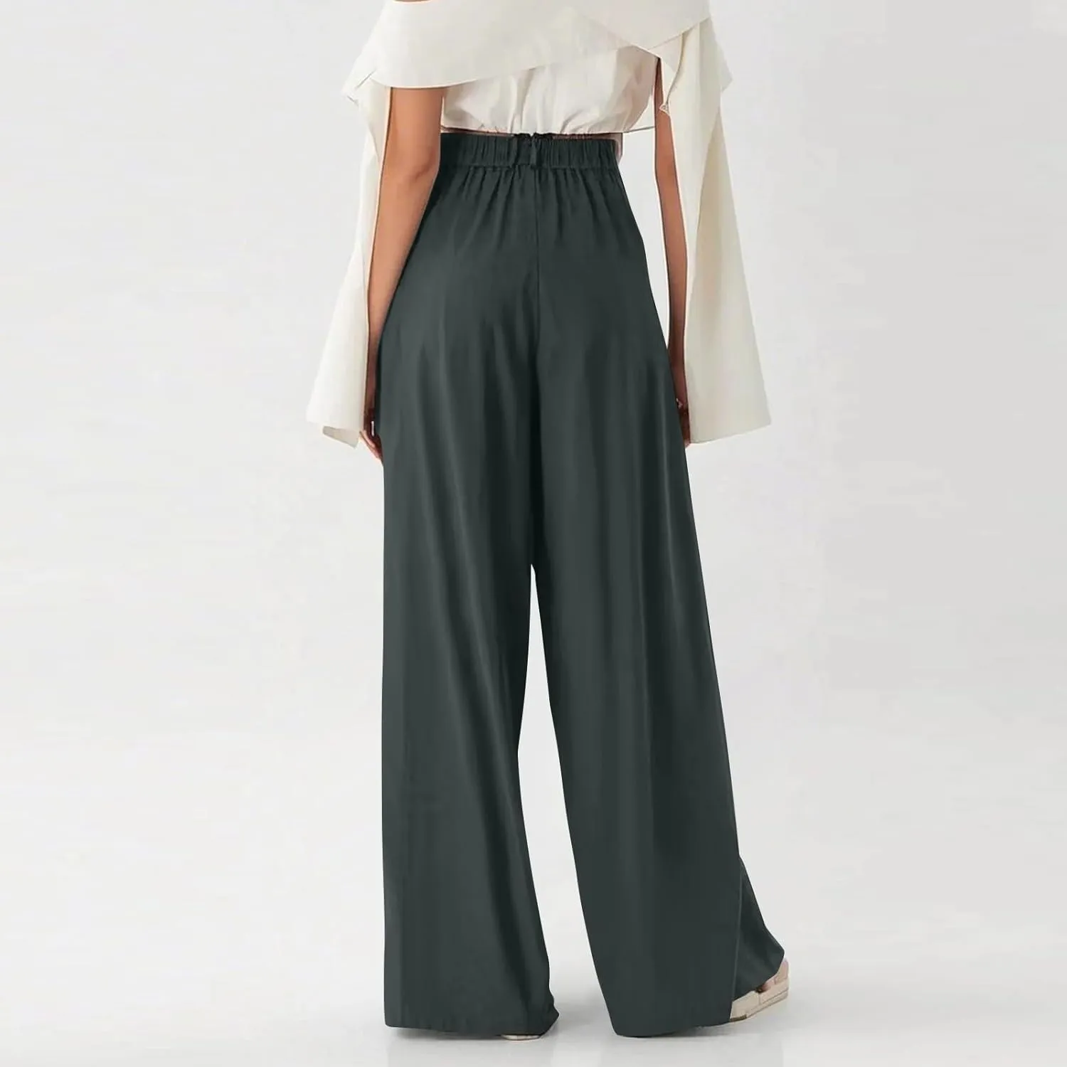 Women's Chiffon Flowy Pleated Wide Leg Pants High Waisted Dressy Trousers with Pockets