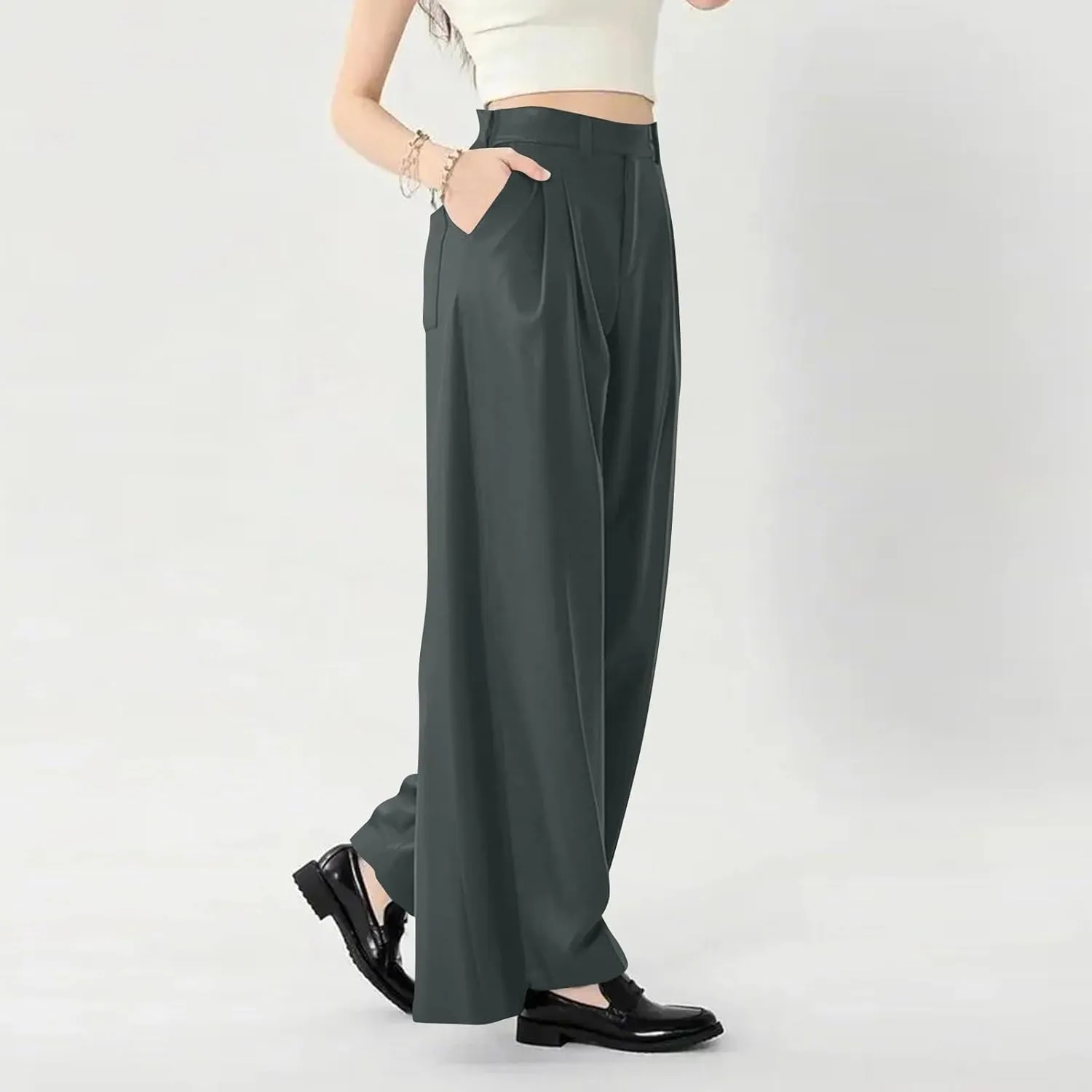 Women's Chiffon Flowy Pleated Wide Leg Pants High Waisted Dressy Trousers with Pockets