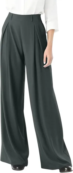 Women's Chiffon Flowy Pleated Wide Leg Pants High Waisted Dressy Trousers with Pockets