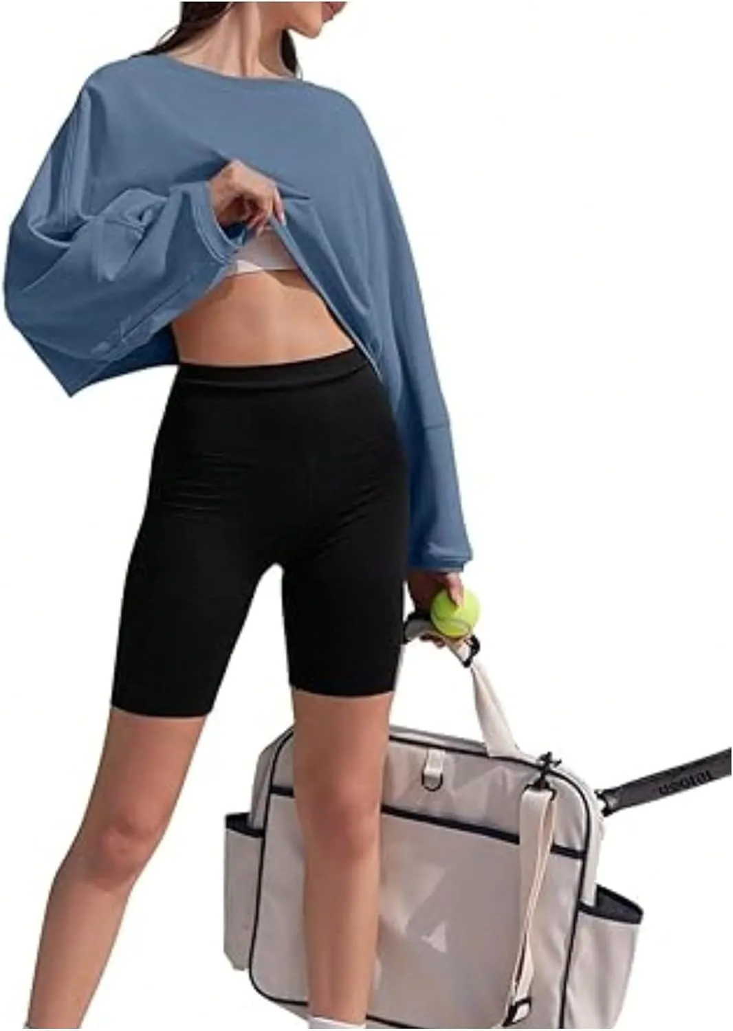 Women's Crew Neck Crop Sweatshirt Long Sleeve Oversized Sweatshirts Drop Shoulder Shirt Loose Pullover Sports Cropper