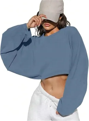 Women's Crew Neck Crop Sweatshirt Long Sleeve Oversized Sweatshirts Drop Shoulder Shirt Loose Pullover Sports Cropper