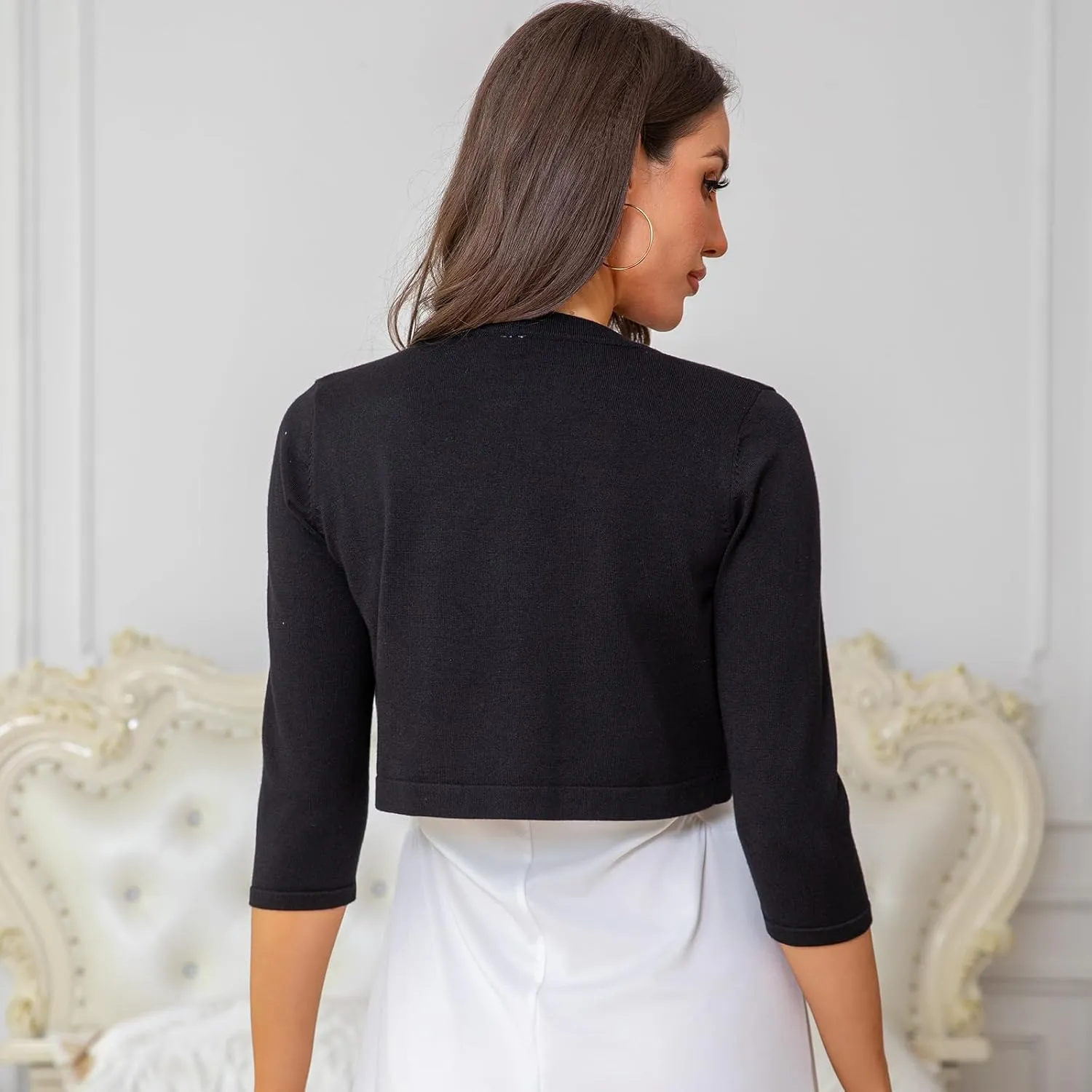 Women's Cropped 3/4 Sleeve Knit Cardigan - Open Front Bolero Shrug