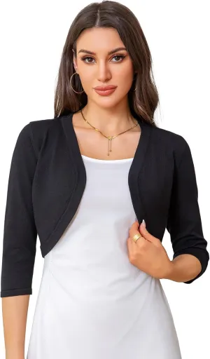 Women's Cropped 3/4 Sleeve Knit Cardigan - Open Front Bolero Shrug