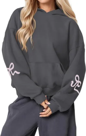 Womens Cute Bow Graphic Hoodies Oversized Bow Sweatshirt Preppy Fleece Hoodies Pullover With Kangaroo Pocket