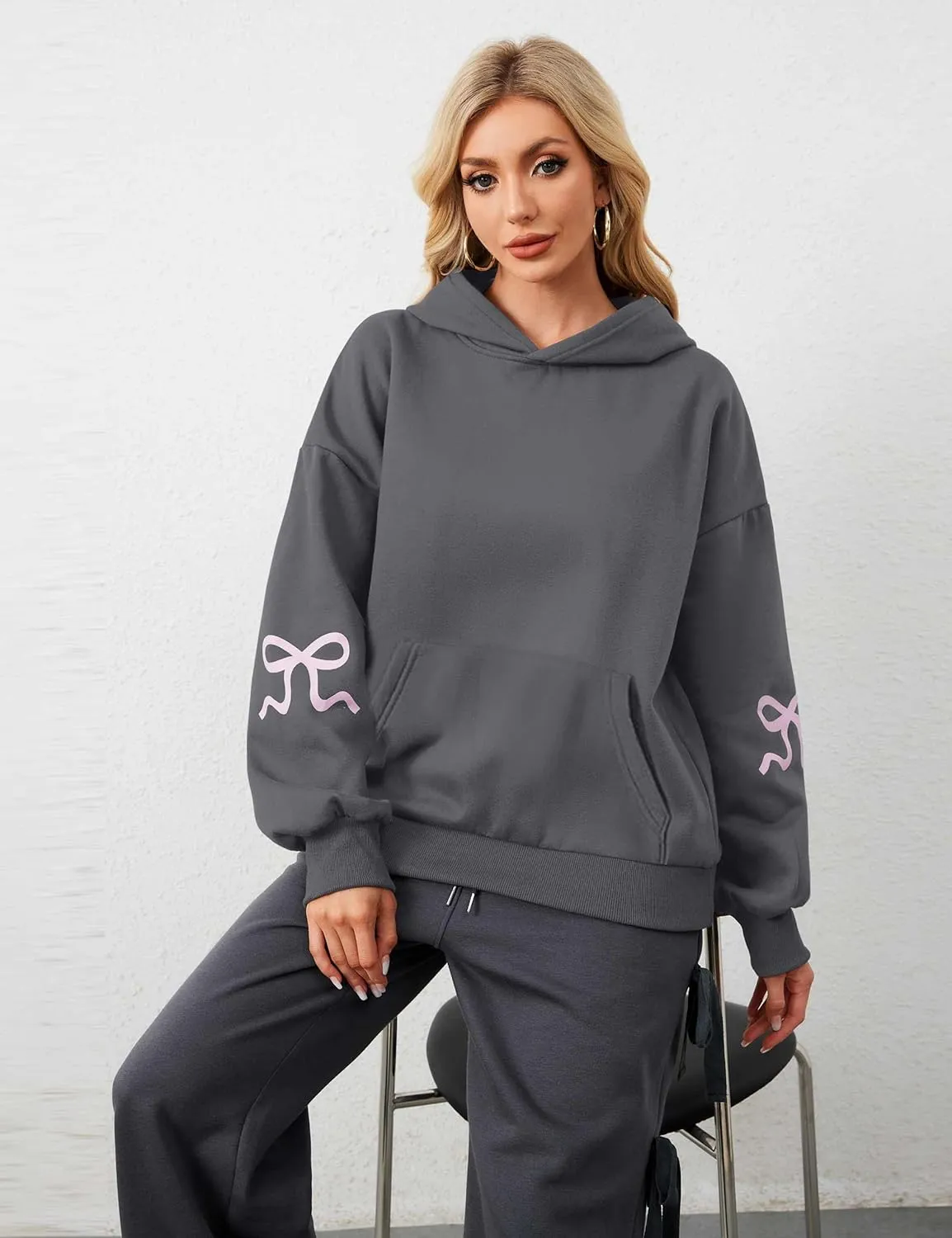 Womens Cute Bow Graphic Hoodies Oversized Bow Sweatshirt Preppy Fleece Hoodies Pullover With Kangaroo Pocket