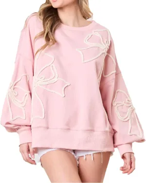 Women's Cute Bow Sweatshirt Casual Lantern Long Sleeve Crew Neck Sweatshirts Fall Loose Fit Y2k Pullover Tops 2024
