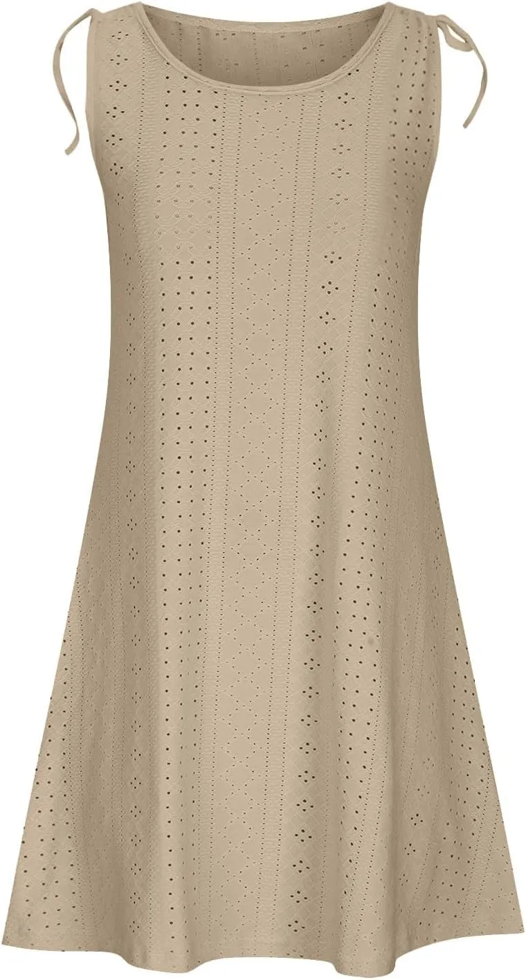 Womens Eyelet Dress Trendy Crew Neck Sleeveless Solid Dresses with Pockets 2025 Hollow Out Comfy Beach Midi Dress
