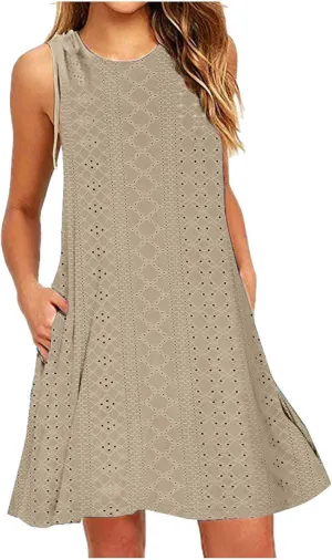 Womens Eyelet Dress Trendy Crew Neck Sleeveless Solid Dresses with Pockets 2025 Hollow Out Comfy Beach Midi Dress