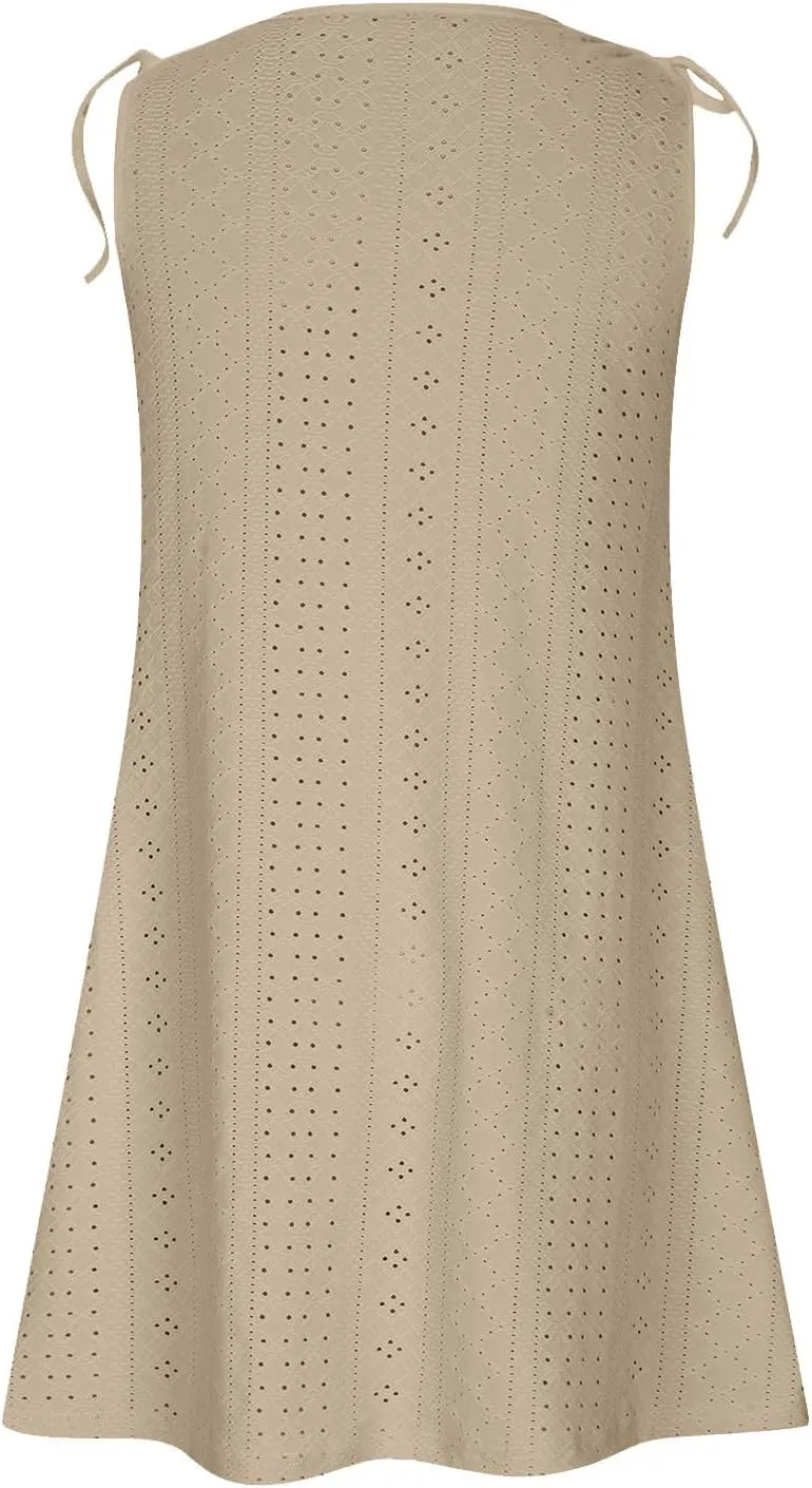 Womens Eyelet Dress Trendy Crew Neck Sleeveless Solid Dresses with Pockets 2025 Hollow Out Comfy Beach Midi Dress