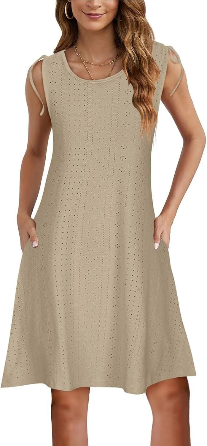 Womens Eyelet Dress Trendy Crew Neck Sleeveless Solid Dresses with Pockets 2025 Hollow Out Comfy Beach Midi Dress