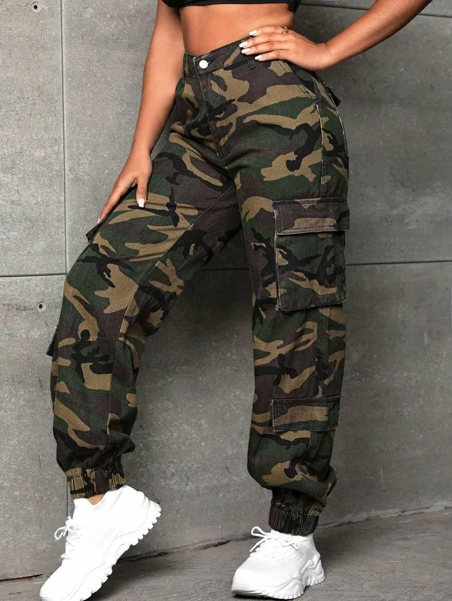 Women's Hiking Cargo Jogger Camo Pants with Pockets High Waisted Slim Casual Outdoor Tapered Combat Works Pants
