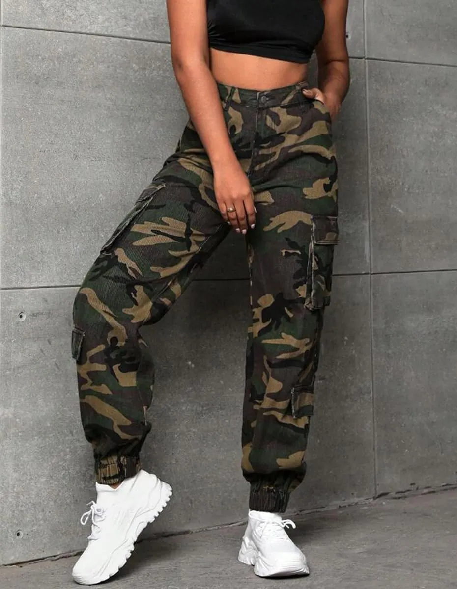 Women's Hiking Cargo Jogger Camo Pants with Pockets High Waisted Slim Casual Outdoor Tapered Combat Works Pants