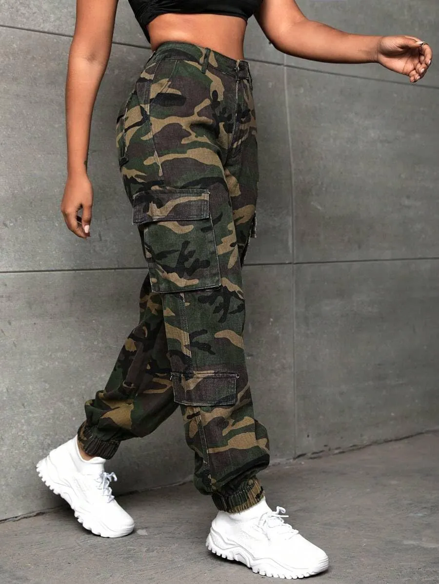 Women's Hiking Cargo Jogger Camo Pants with Pockets High Waisted Slim Casual Outdoor Tapered Combat Works Pants