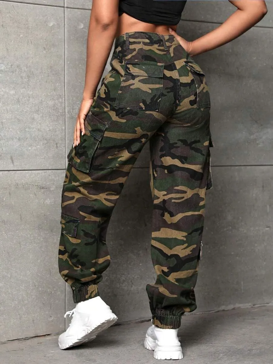 Women's Hiking Cargo Jogger Camo Pants with Pockets High Waisted Slim Casual Outdoor Tapered Combat Works Pants